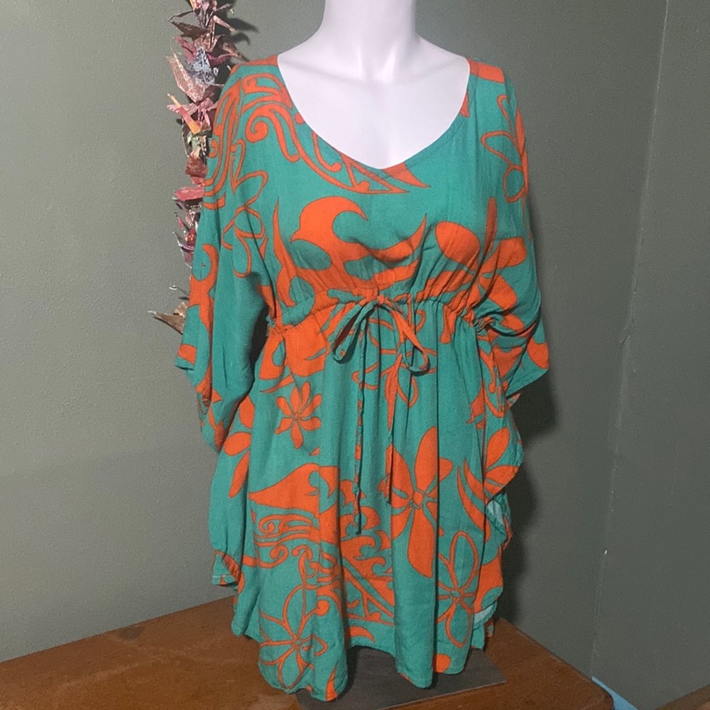 Hula Bay Turquoise/Orange Rayon Swimsuit Coverup